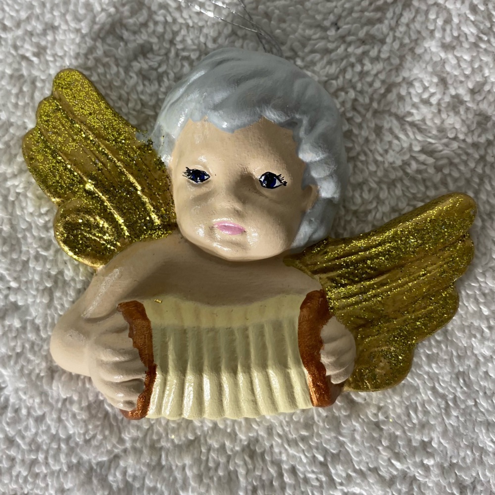 5/$35 Vintage Hand Painted Angel Cherub W Accordion Ceramic Christmas Ornament